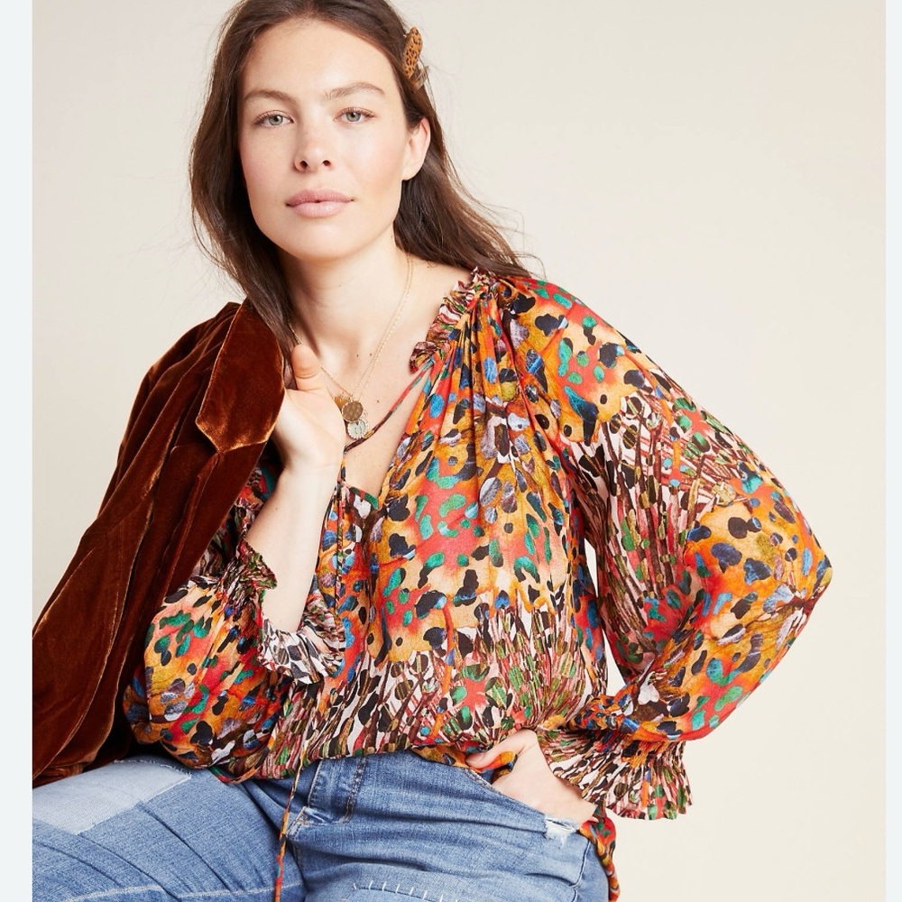 Anthropologie London Annalee Peasant Crepe Ruffle Collar Top.